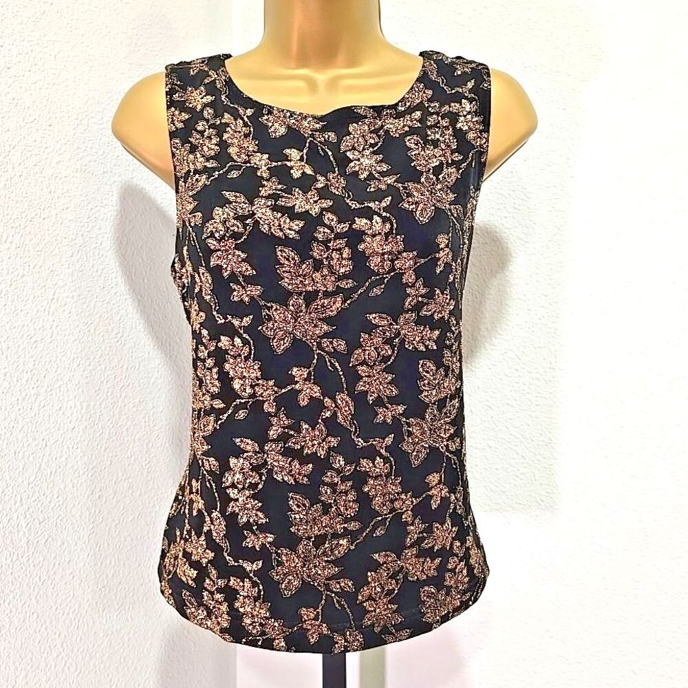 Vtg Black Gold Metallic Sleeveless Top PL 80s Cocktail Whimsigoth Party Sparkle